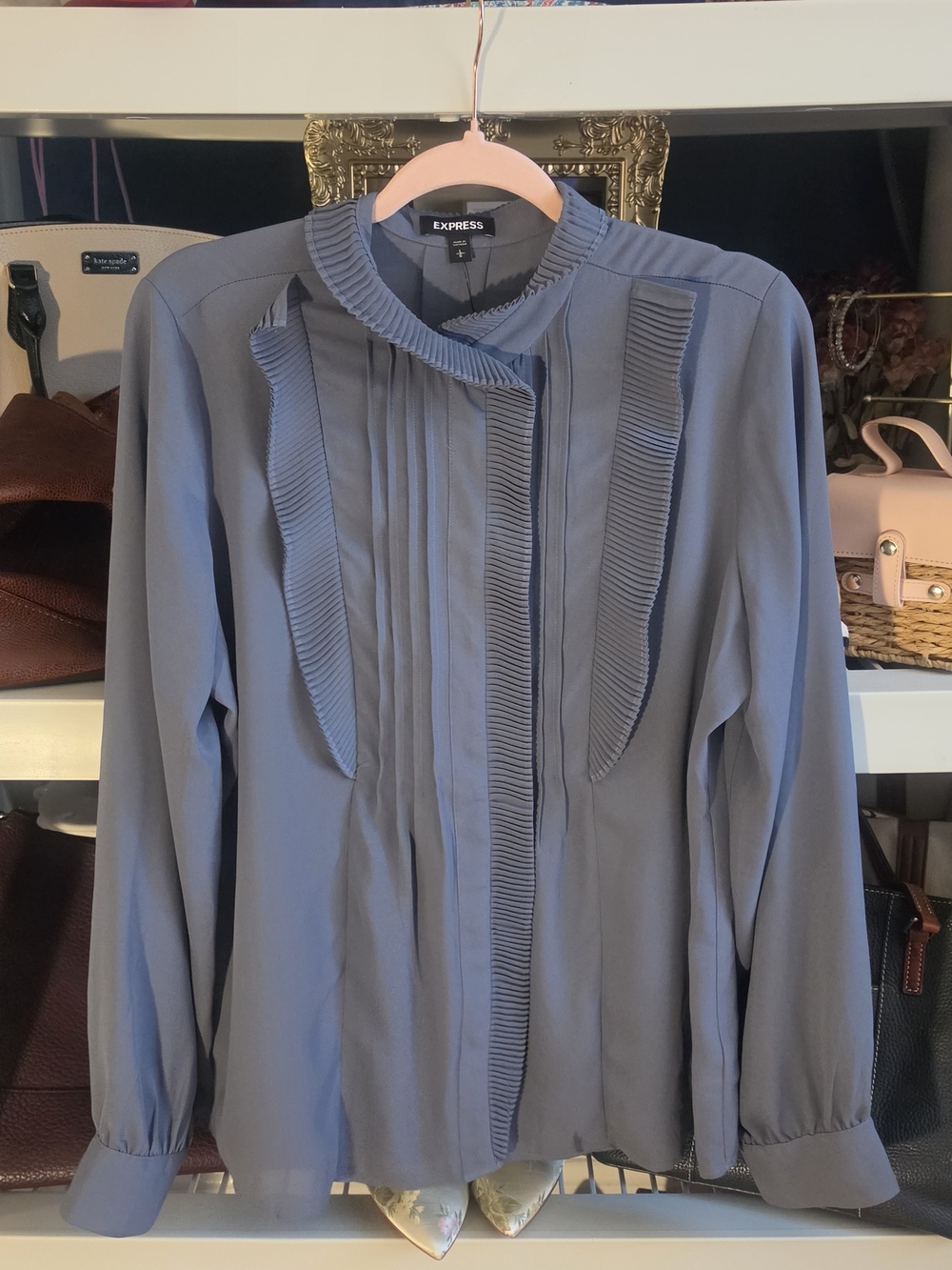 Express Women's Dusty Slate Pleated Ruffle Blouse